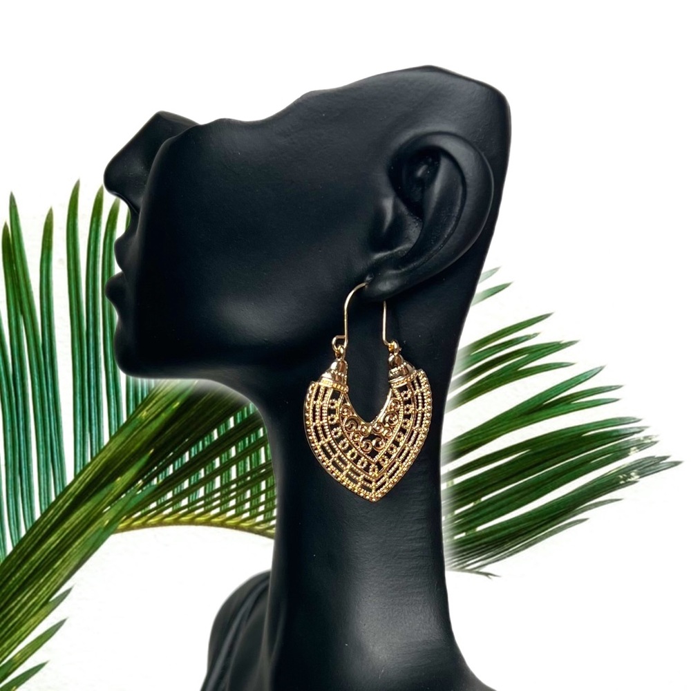 ❀ Gold Geometric Hollow Drop Dangle Pierced Minimalist Earrings - Picture 3 of 4